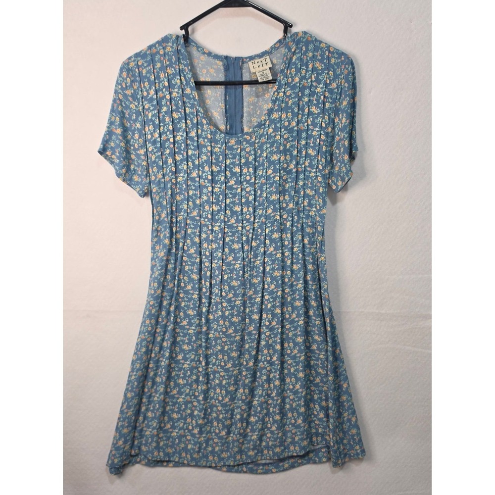 Next Left Vintage Blue Floral Rayon Pintuck Tie Back Mini Dress Size 5